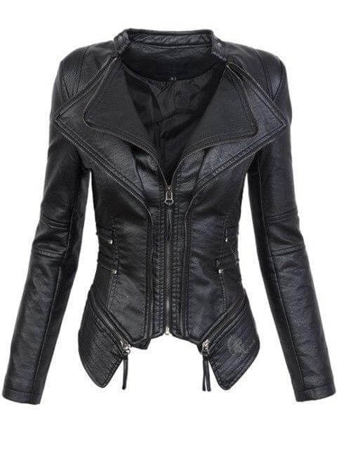 Damen Lederjacke Slim Fit Schwarz Reißverschluss