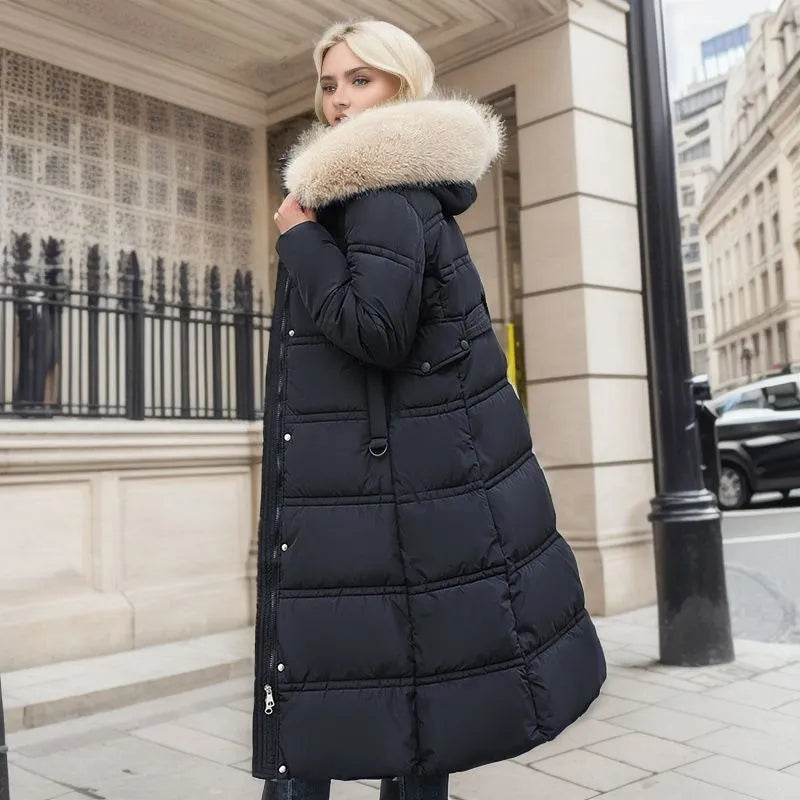 Damen Wintermantel Lang Elegant mit Pelzbesatz