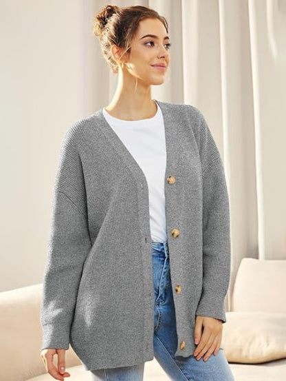 Damen Cardigan Oversized V-Ausschnitt Knopf Herbstmode