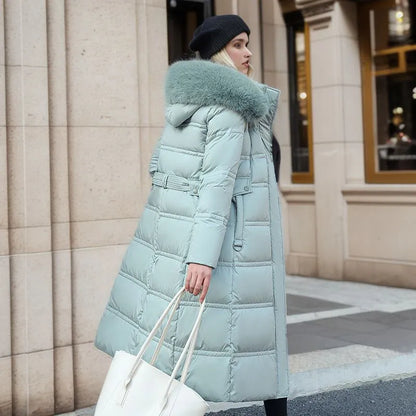Damen Wintermantel Lang Elegant mit Pelzbesatz