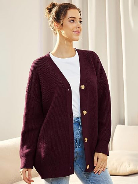 Damen Cardigan Oversized V-Ausschnitt Knopf Herbstmode