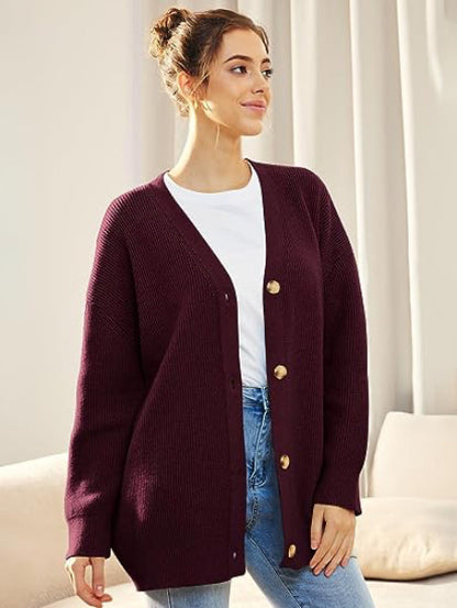 Damen Cardigan Oversized V-Ausschnitt Knopf Herbstmode