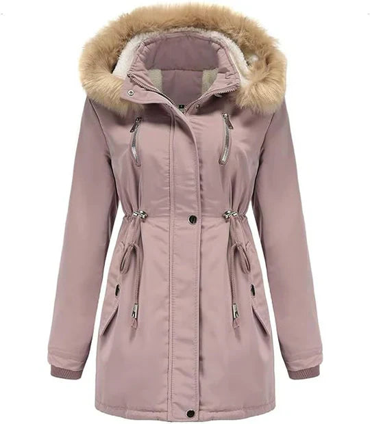 Langer Wintermantel mit Kapuze Kunstfell Fleece