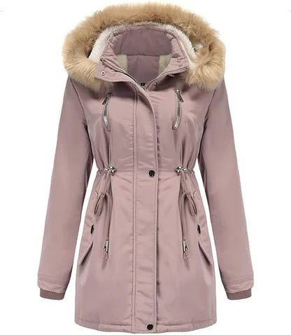 Langer Wintermantel mit Kapuze Kunstfell Fleece