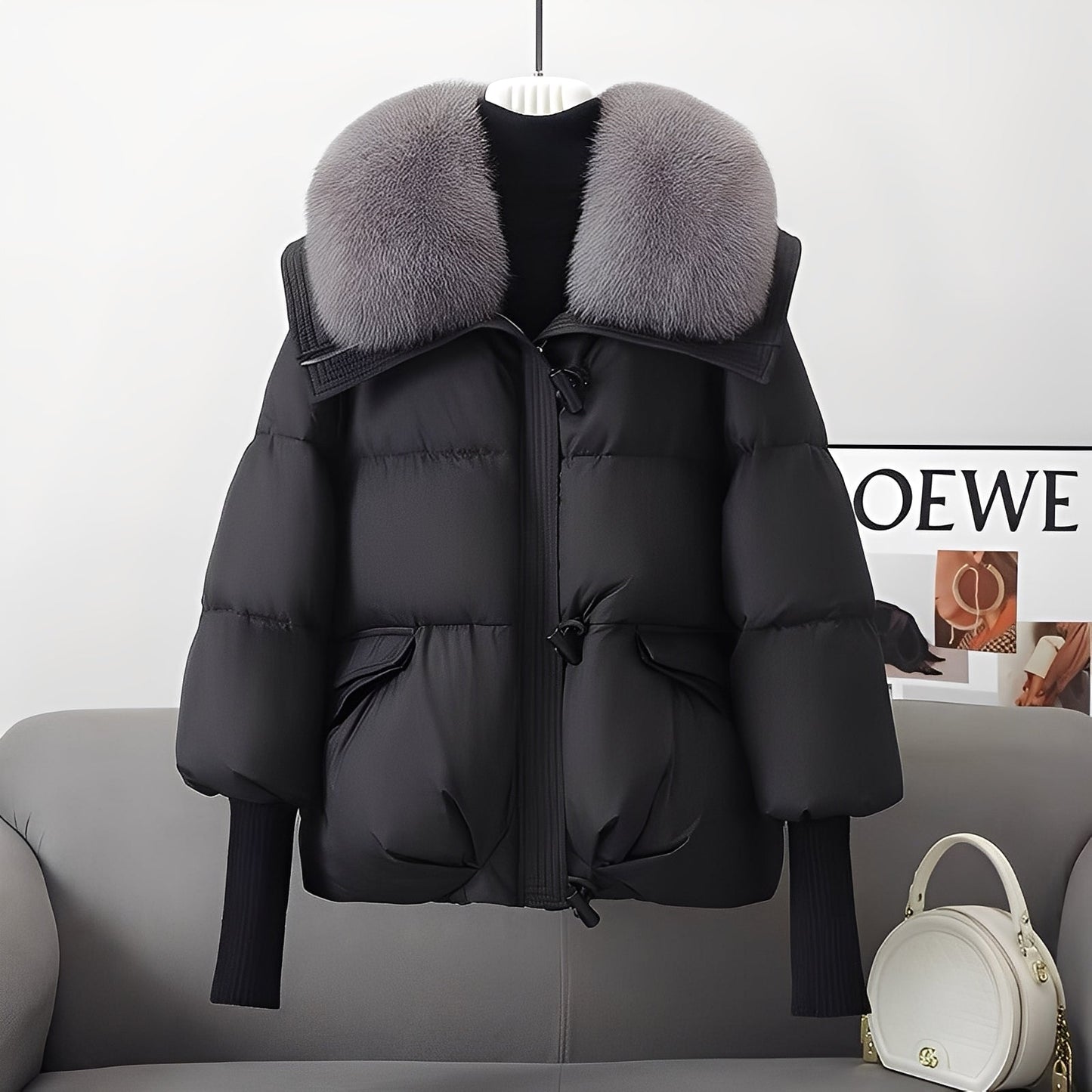Stylische Damenjacke | Eleganter Windbreaker mit Daunenfüllung und Pelzbesatz