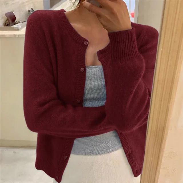 Damen Strickjacke Rundhals Elegant Langarm