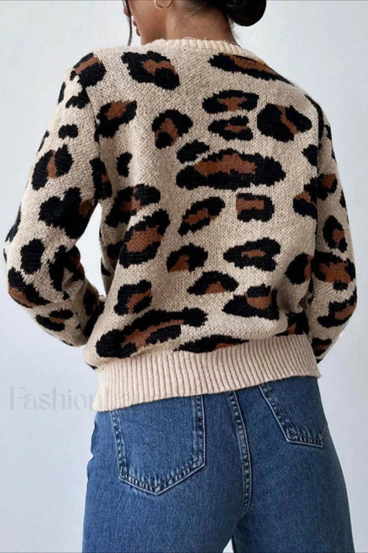 Pullover Leopardenmuster Rundhals Damen - IdealeKleiden