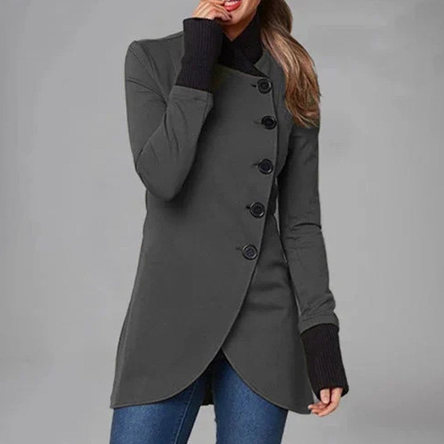 Eleganter Asymmetrischer Mantel Langarm Hoher Kragen