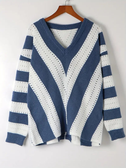 Stylisher Streifenpullover V-Ausschnitt Damen
