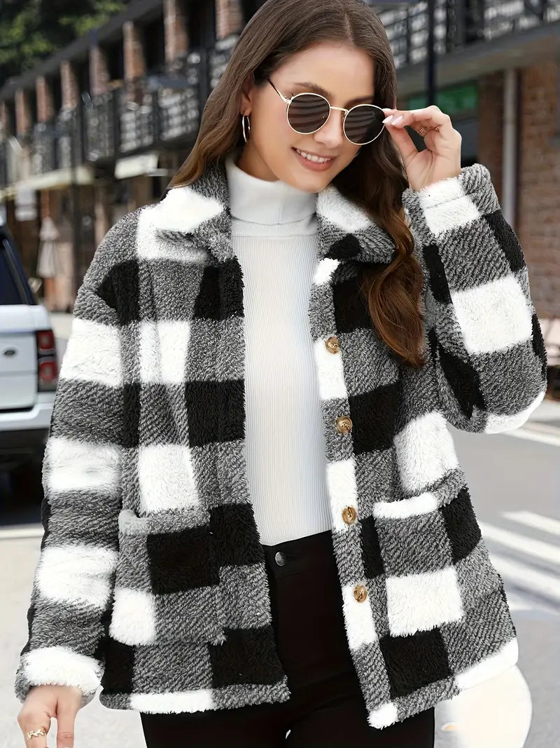 Teddy Mantel Damen Karierter Fleece Mantel - IdealeKleiden