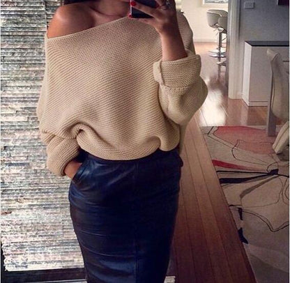 Damen Off-The-Shoulder Pullover Weich Grobstrick