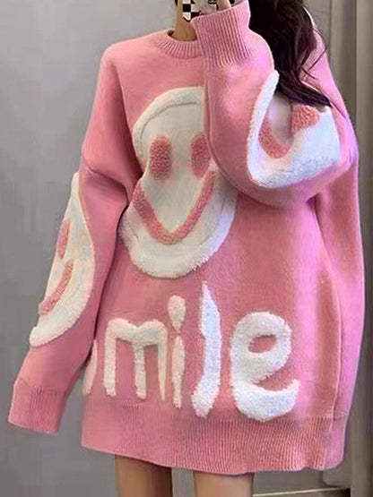Farbenfrohes Y2K Kleid Smile Print Oversized Pullover - IdealeKleiden