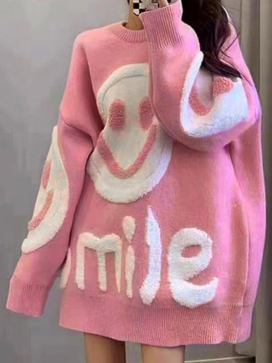 Farbenfrohes Y2K Kleid Smile Print Oversized Pullover - IdealeKleiden