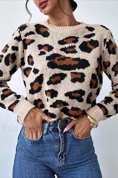 Pullover Leopardenmuster Rundhals Damen
