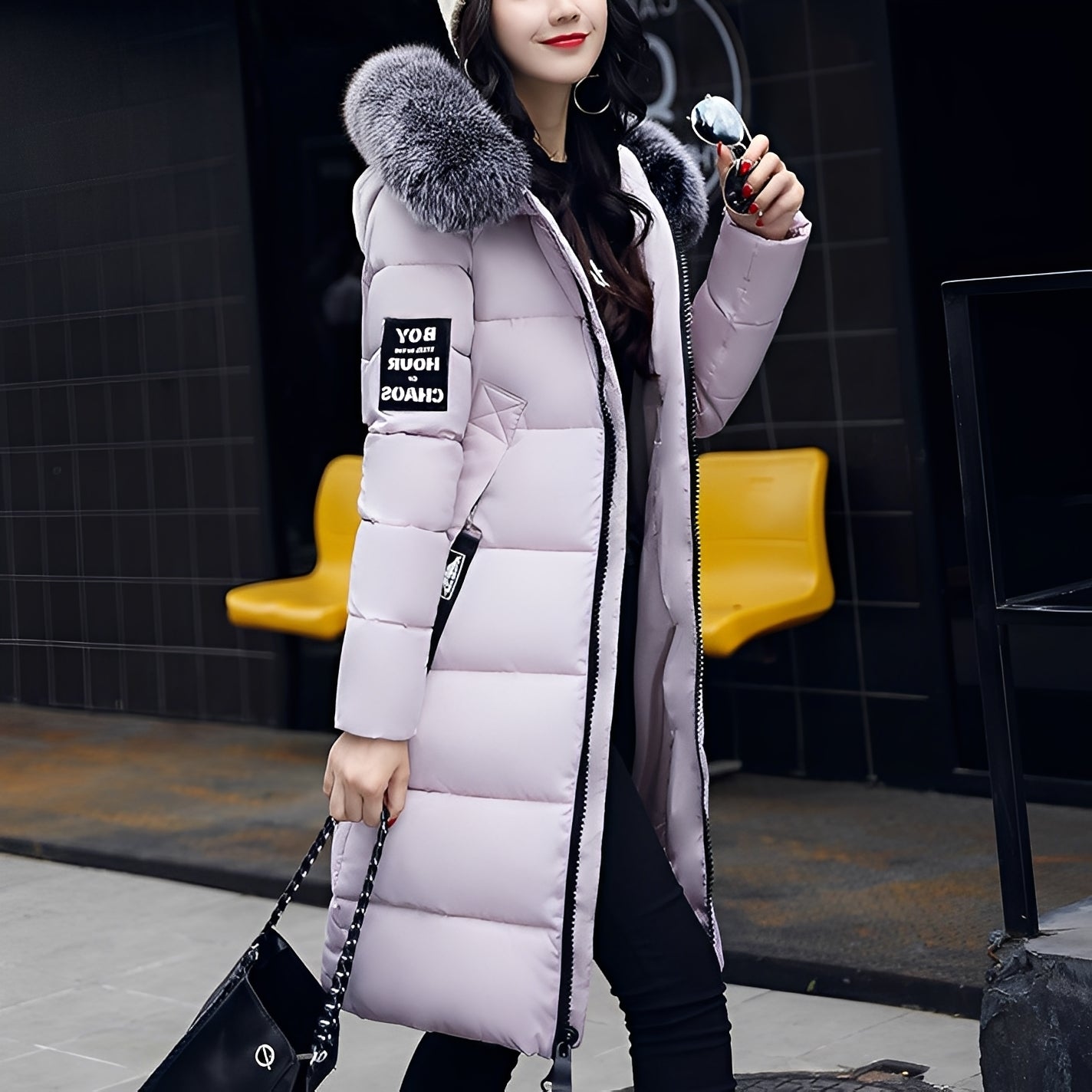 Stylischer Damenmantel mit Pelzbesatz - IdealeKleiden