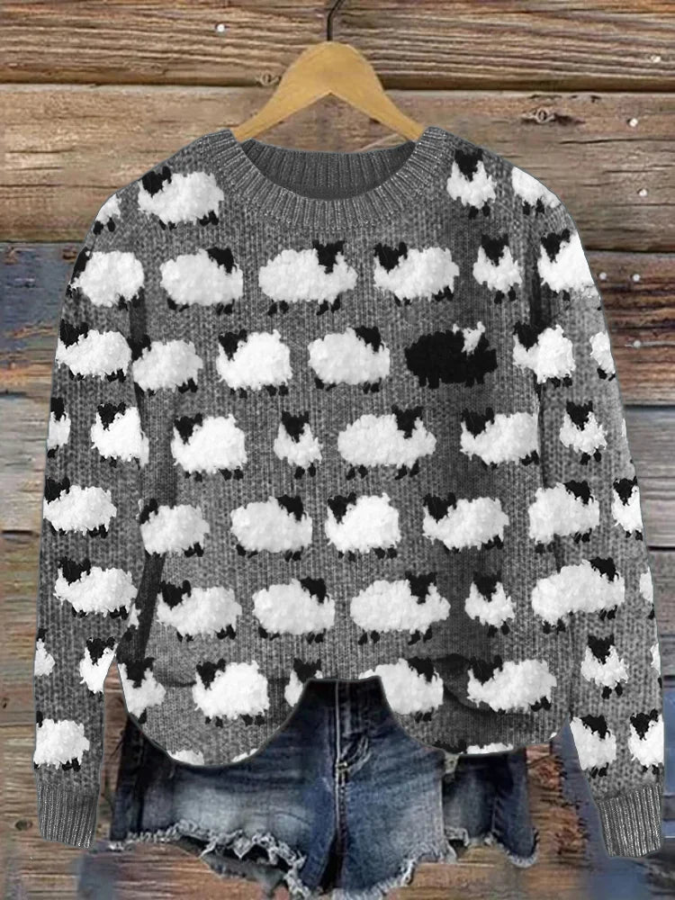 Schafsmuster Wollpullover Damen