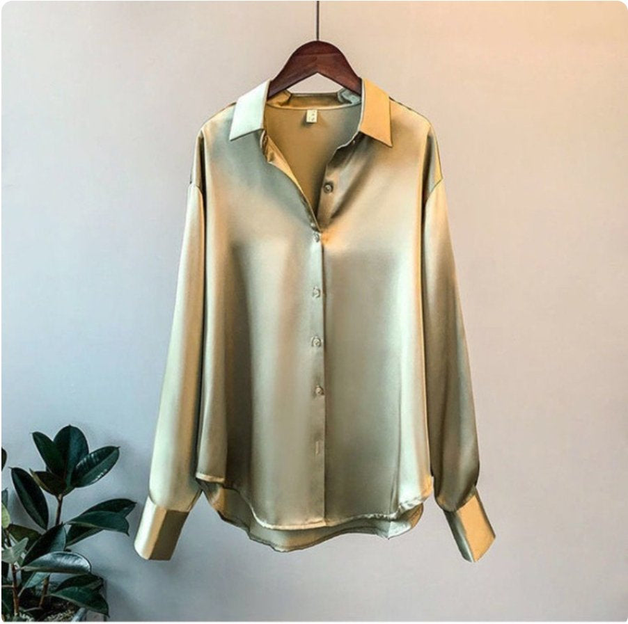 Elegante Satin Bluse Übergröße Knopfverschluss