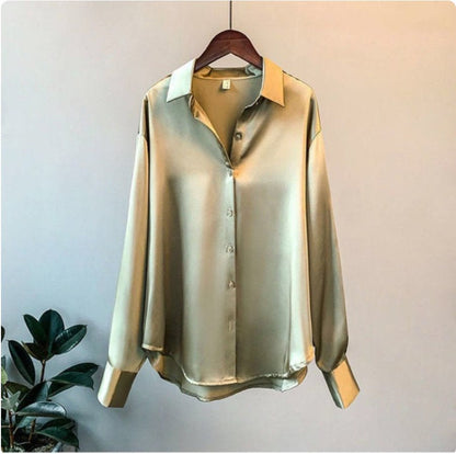Elegante Satin Bluse Übergröße Knopfverschluss