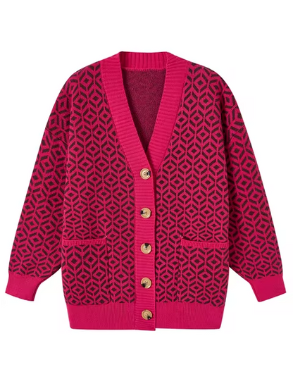 Stilvoller Strickcardigan Geometrisches Muster Knöpfe