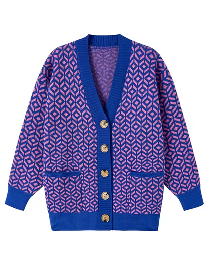 Stilvoller Strickcardigan Geometrisches Muster Knöpfe