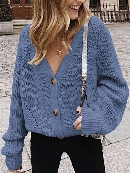 Damen Strickjacke mit Lochmuster und Puffärmeln - IdealeKleiden