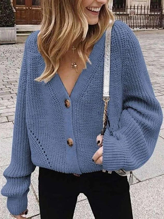 Damen Strickjacke mit Lochmuster und Puffärmeln - IdealeKleiden