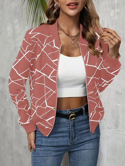 Modische Bomberjacke Geo-Print Reißverschluss - IdealeKleiden