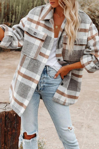 Modische Karo-Jacke Damen mit praktischen Taschen - IdealeKleiden