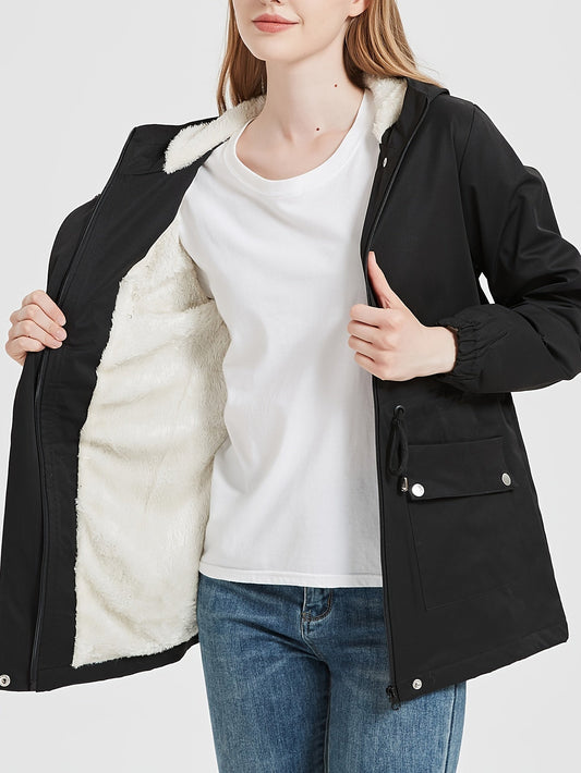 Schwarze Damenwinterjacke mit Kunstpelz-Futter und Verstellbarem Bund - IdealeKleiden