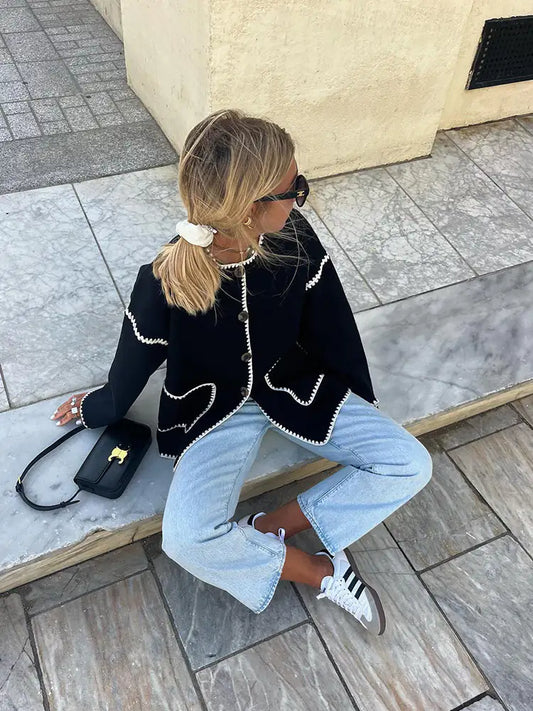 Herbst Cardigan Damen Kontrast Knöpfe - IdealeKleiden