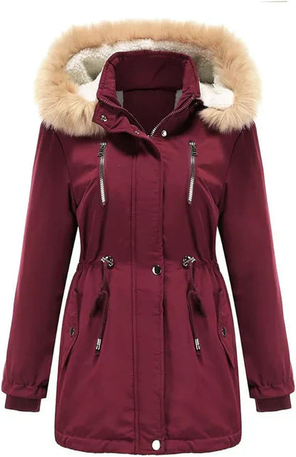 Langer Wintermantel mit Kapuze Kunstfell Fleece