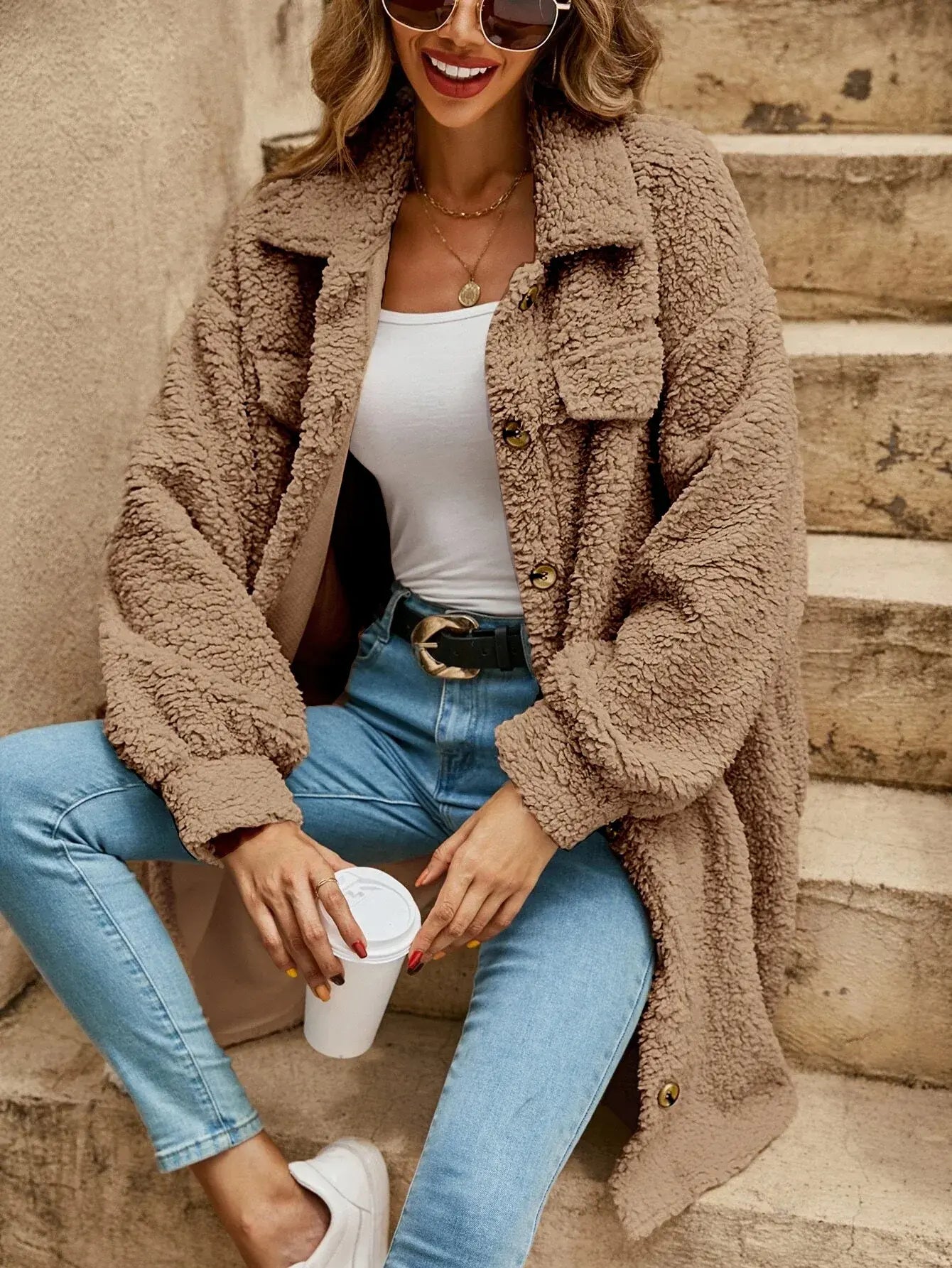 Bequeme Teddyjacke mit Knöpfen & Brusttaschen