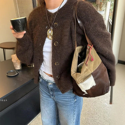 Damen Strickjacke Braun Langärmelig Knöpfe