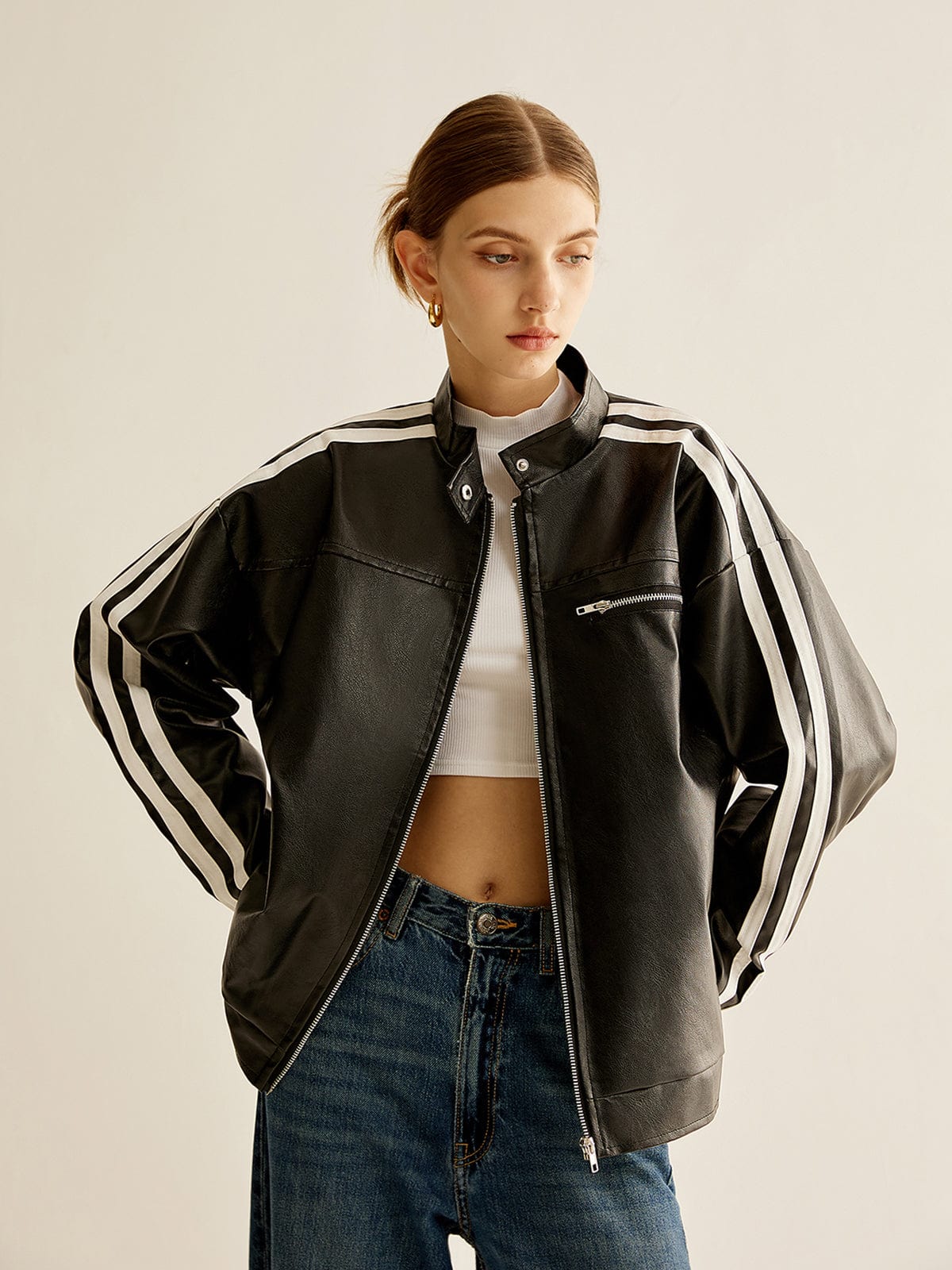 Schwarze Lederjacke Damen Mit Kontraststreifen - IdealeKleiden