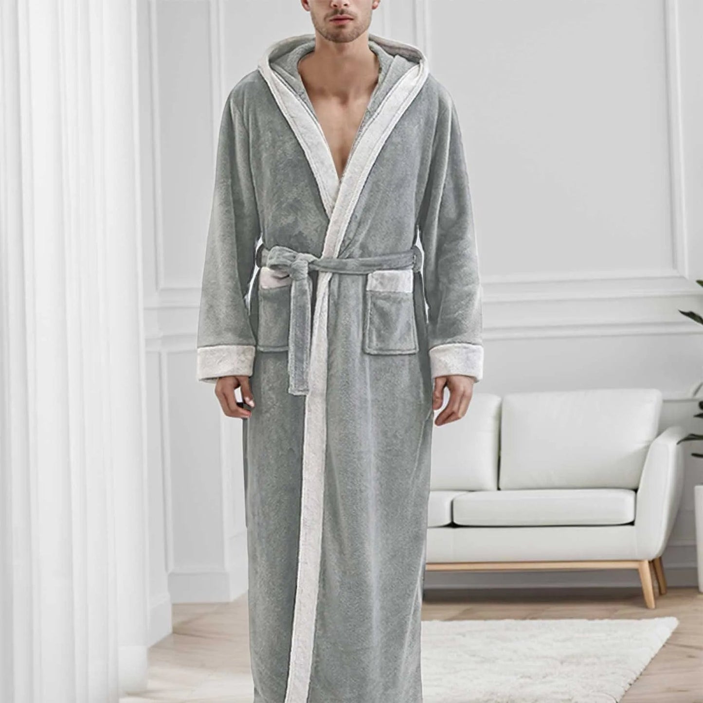 Langer Bademantel Herren Kapuze Winterwarm