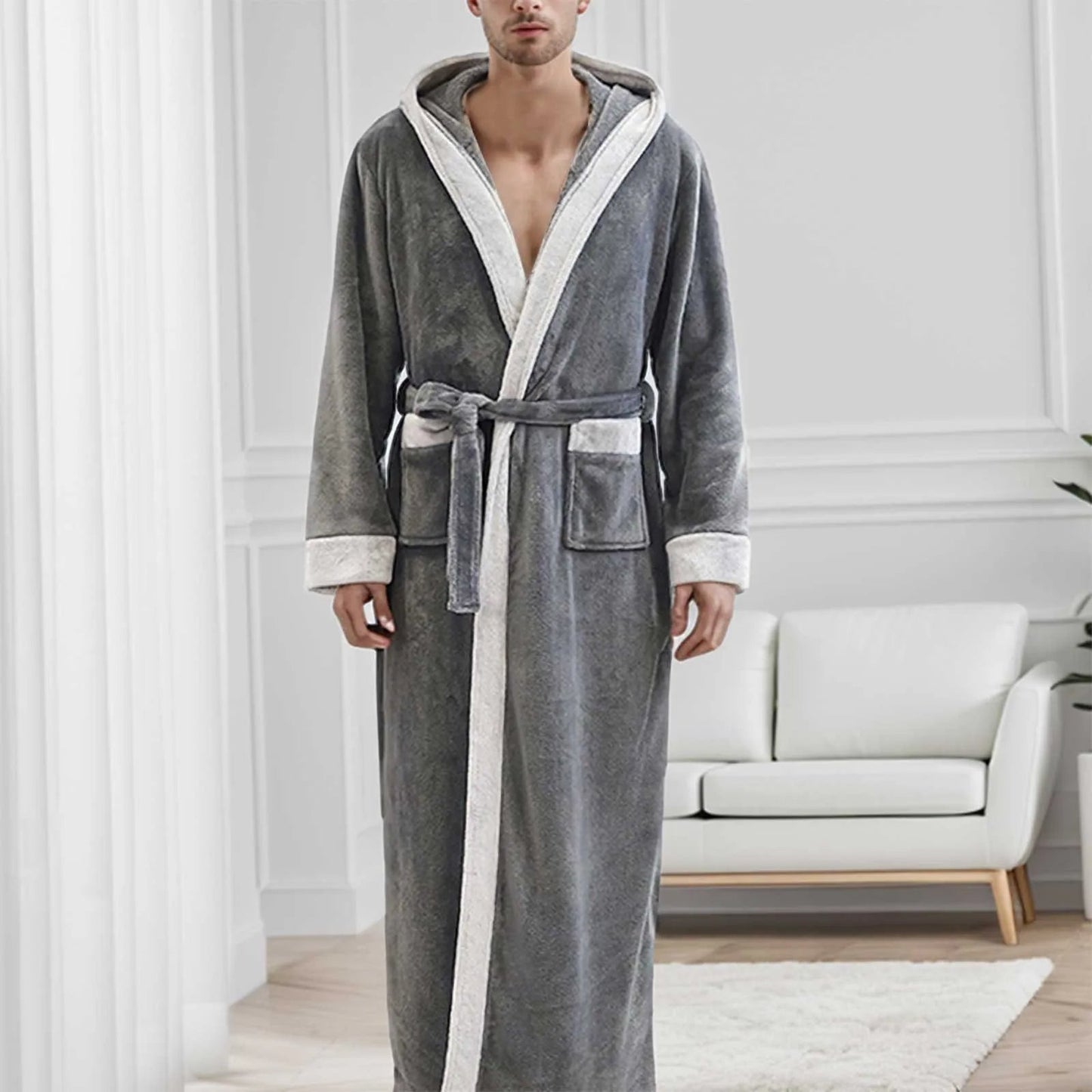 Langer Bademantel Herren Kapuze Winterwarm