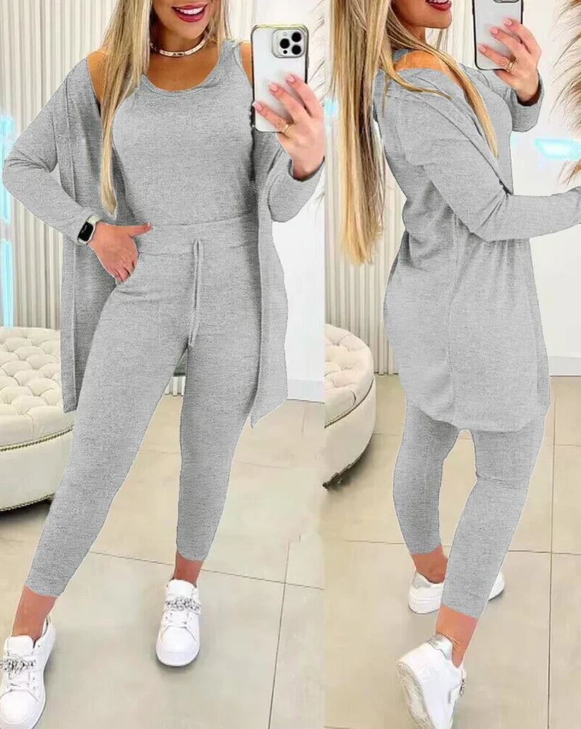 Damenschuhe Set: Rundhals-Top, Hose, Strickjacke