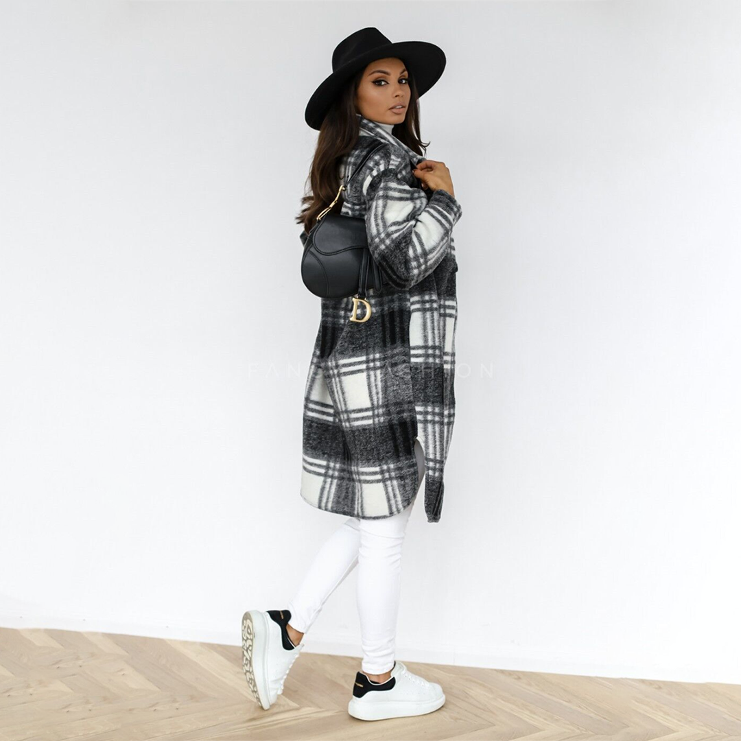 Mantel Karo Plaid mit Knöpfen Damen - IdealeKleiden