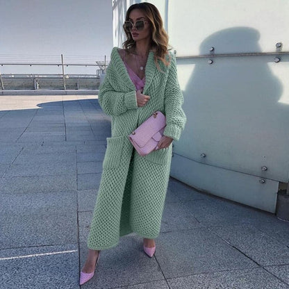 Damen Strickcardigan Lang mit Taschen Elegant