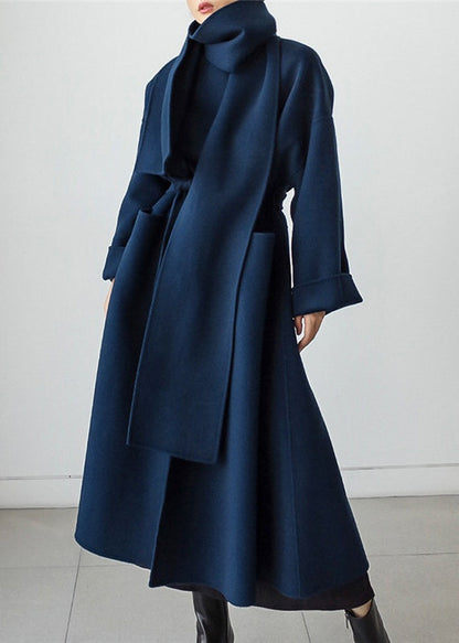 Eleganter Damenmantel Blau Lang Schal