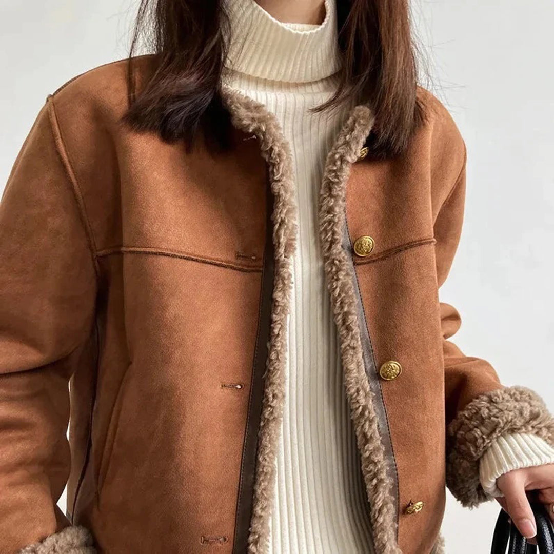 Shearling-Jacke Weich Füttert Kragenlos Elegantes Design - IdealeKleiden