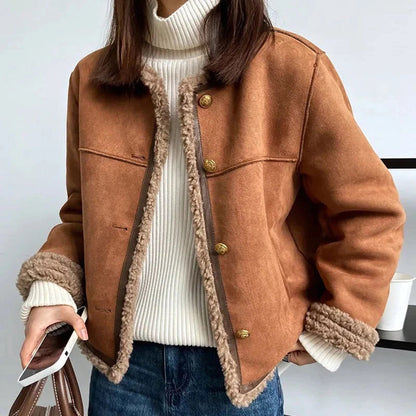 Shearling-Jacke Weich Füttert Kragenlos Elegantes Design
