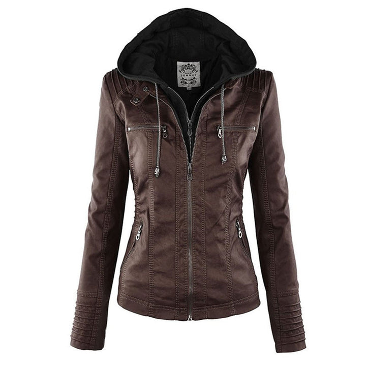 Wasserdichte Lederjacke Damen Elegant Abnehmbares Kapuzen