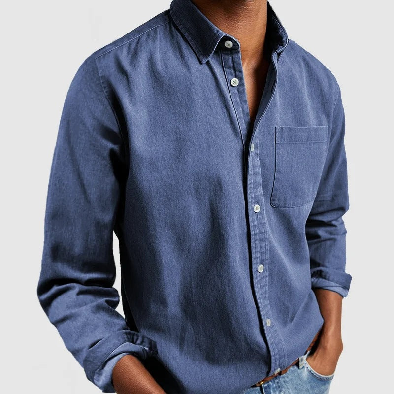 Herren Denim Hemd Langarm Casual Blau