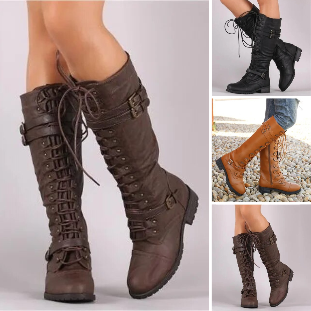 Modische Retro-Stiefel Flach Schnalle Schnürsenkel - IdealeKleiden