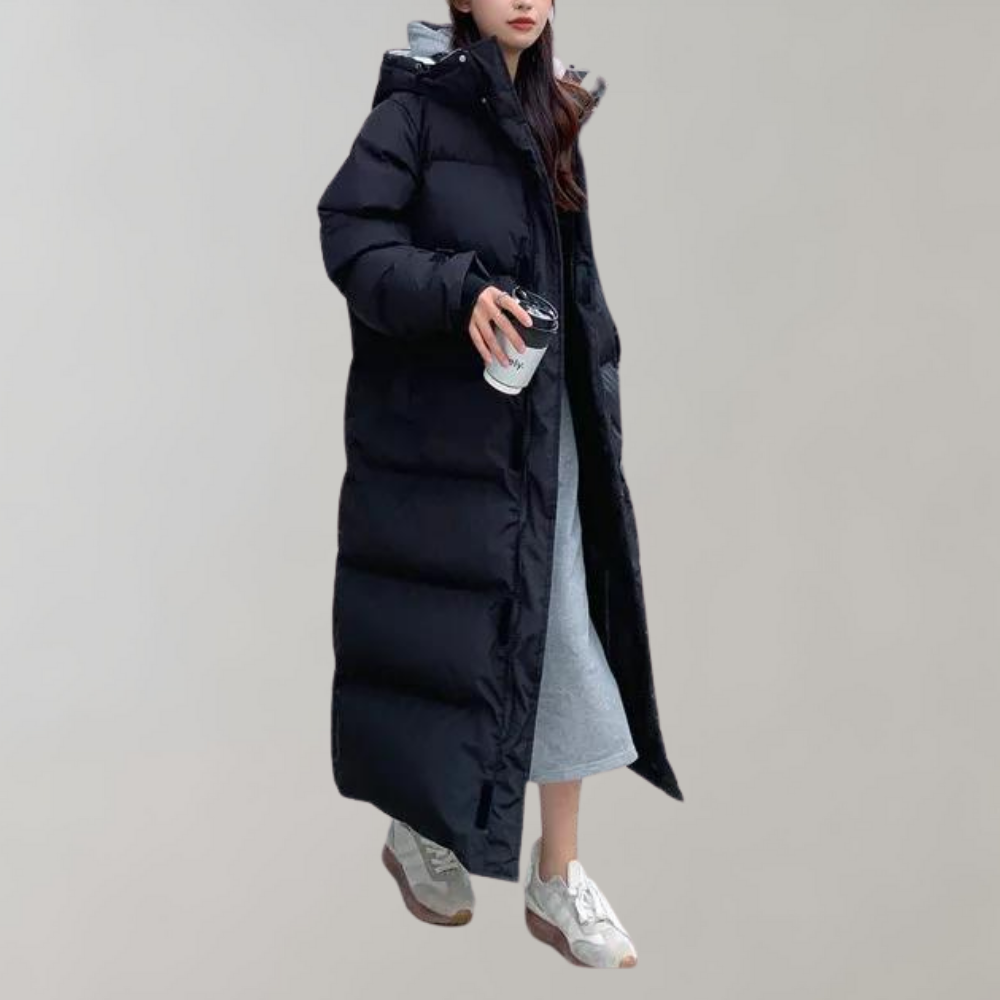 Lange Winterjacke mit Kapuze und Reißverschluss