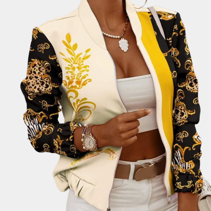 Damen Bomberjacke Blumenmuster Trendy Reißverschluss