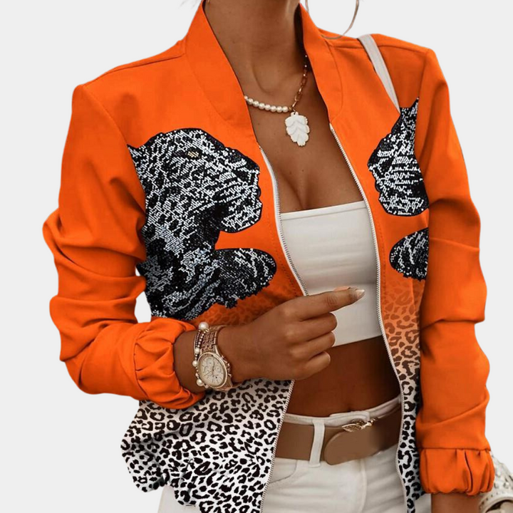 Damen Bomberjacke Blumenmuster Trendy Reißverschluss