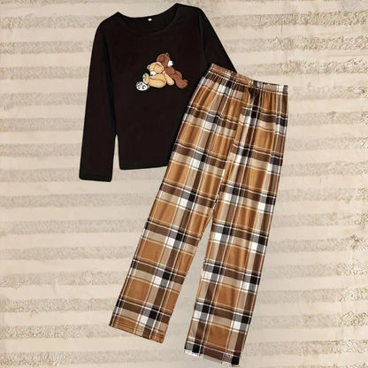 Elegantes Damen-Top mit Rundhals und Karo-Hosen-Set