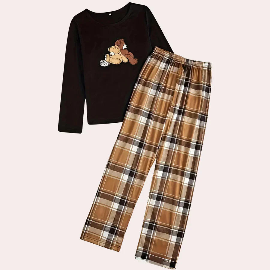 Elegantes Damen-Top mit Rundhals und Karo-Hosen-Set - IdealeKleiden